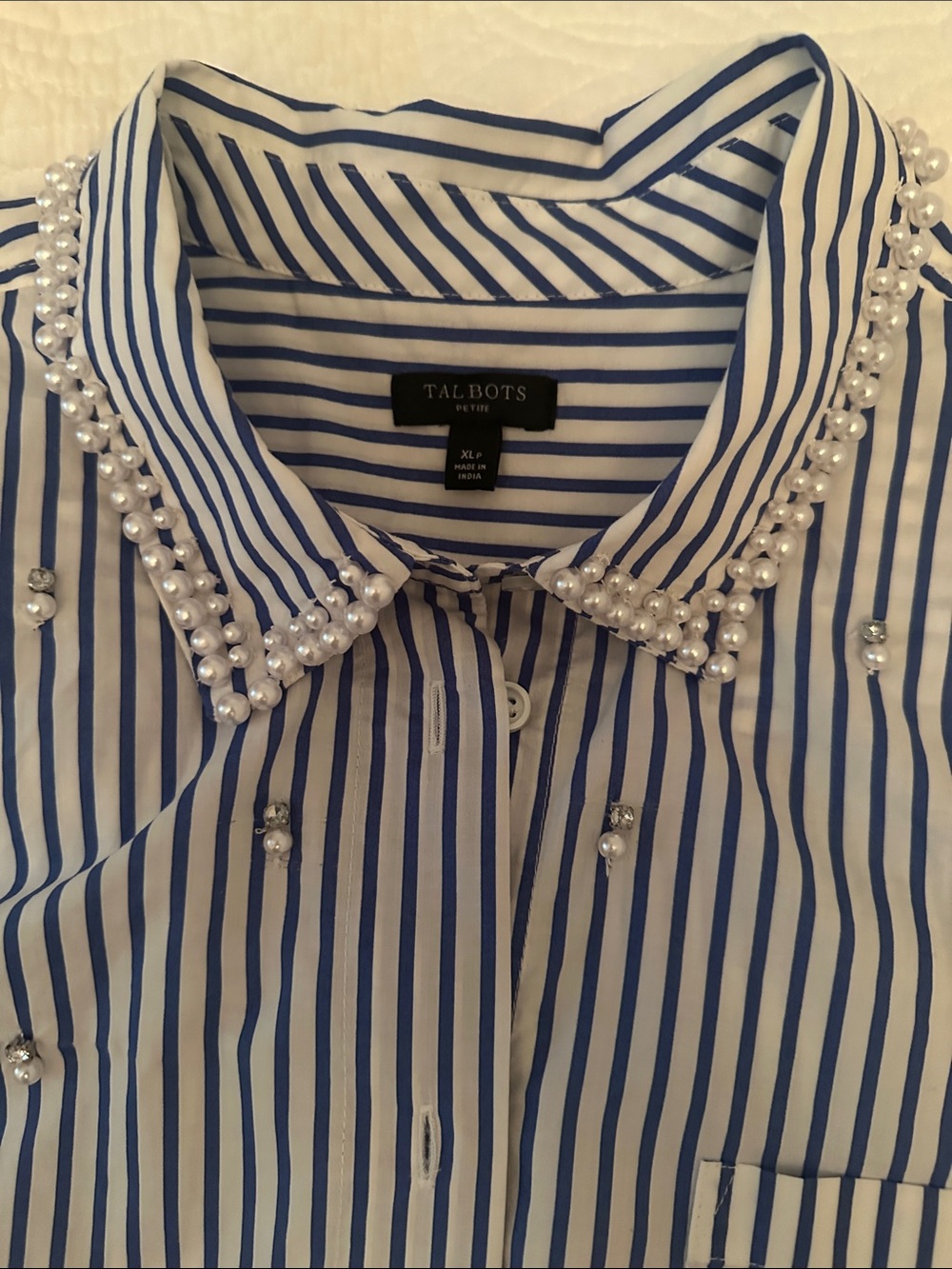 Talbots Striped Blue and White Button-Up Shirt with Pearl Embellishment PXL